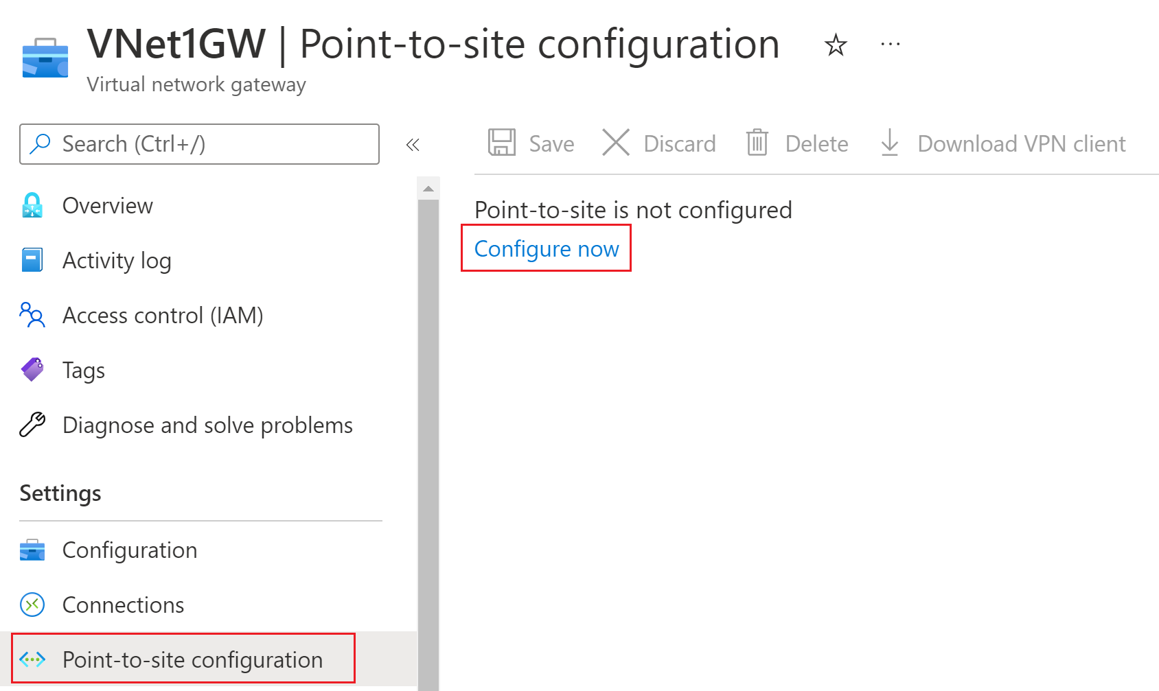 Screenshot of point-to-site configuration page.
