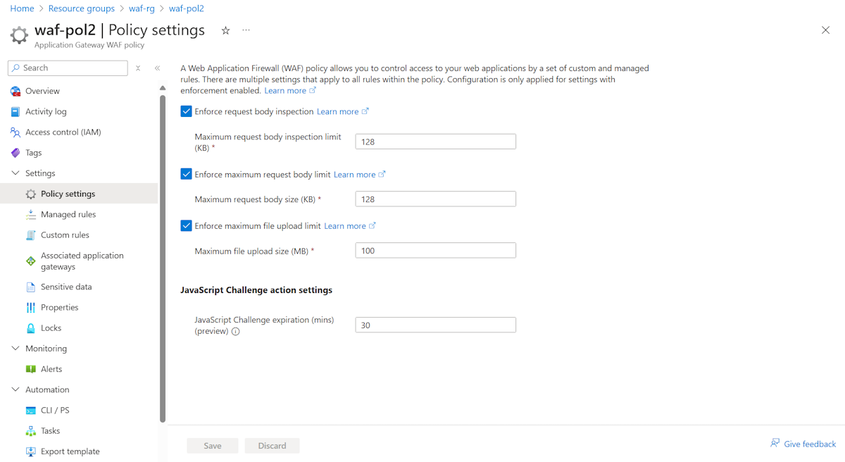 WAF policy settings