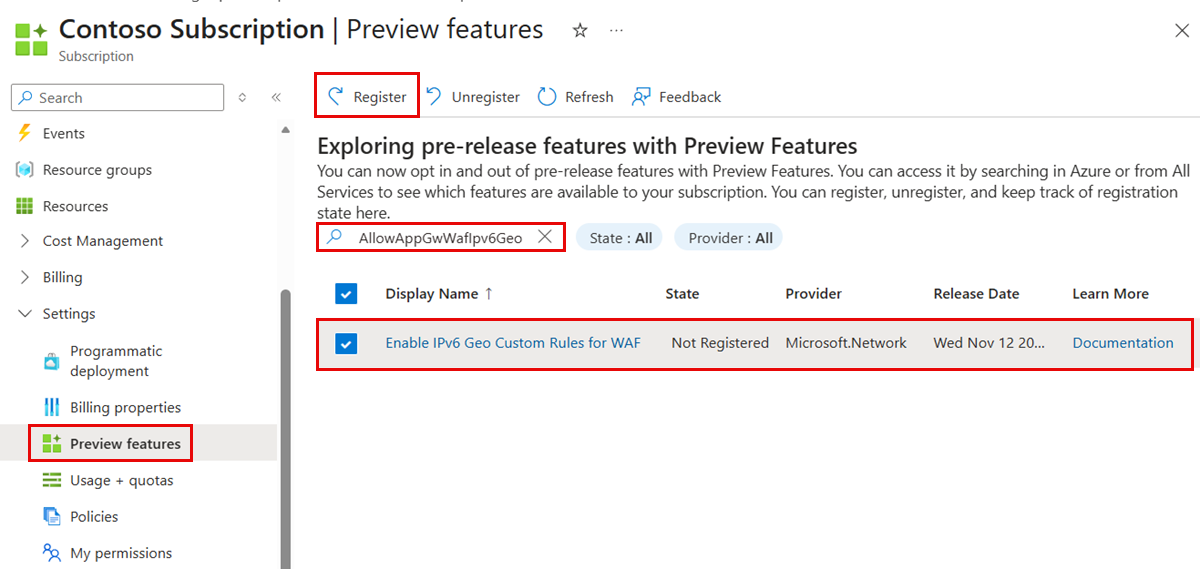 Screenshot of the Preview features page in the Azure portal, showing the Enable IPv6 Geo Custom Rules for WAF feature selected and the Register button highlighted.