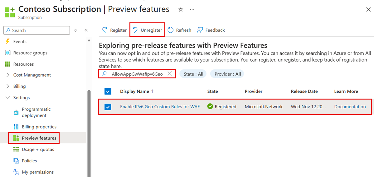 Screenshot of the Preview features page in the Azure portal, showing the registered Enable IPv6 Geo Custom Rules for WAF feature and the Unregister button highlighted.