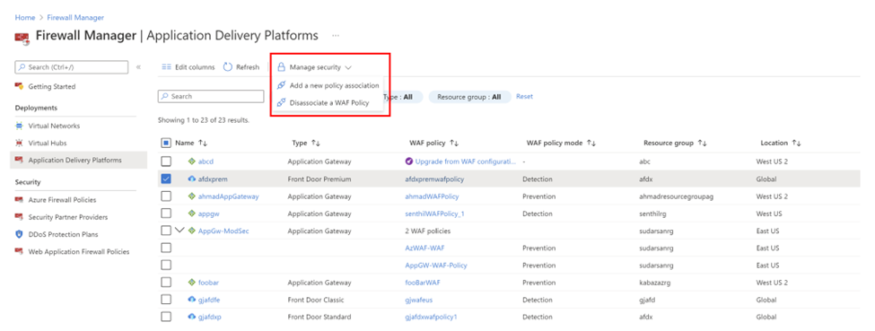 Screenshot showing Manage Security in Firewall Manager.