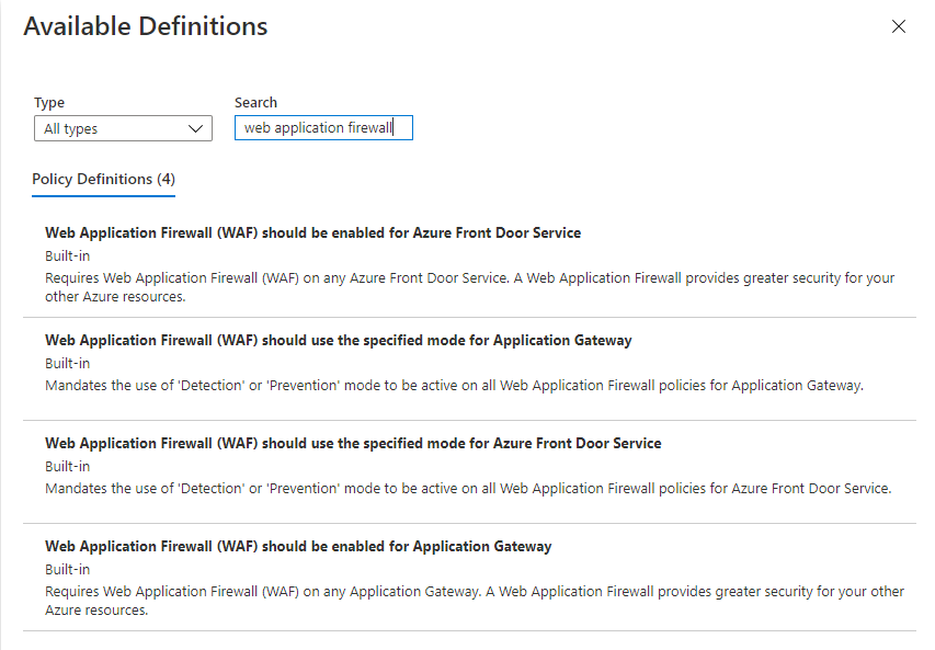 Screenshot that shows the 'Policy Definitions' tab on the 'Available Definitions' page.