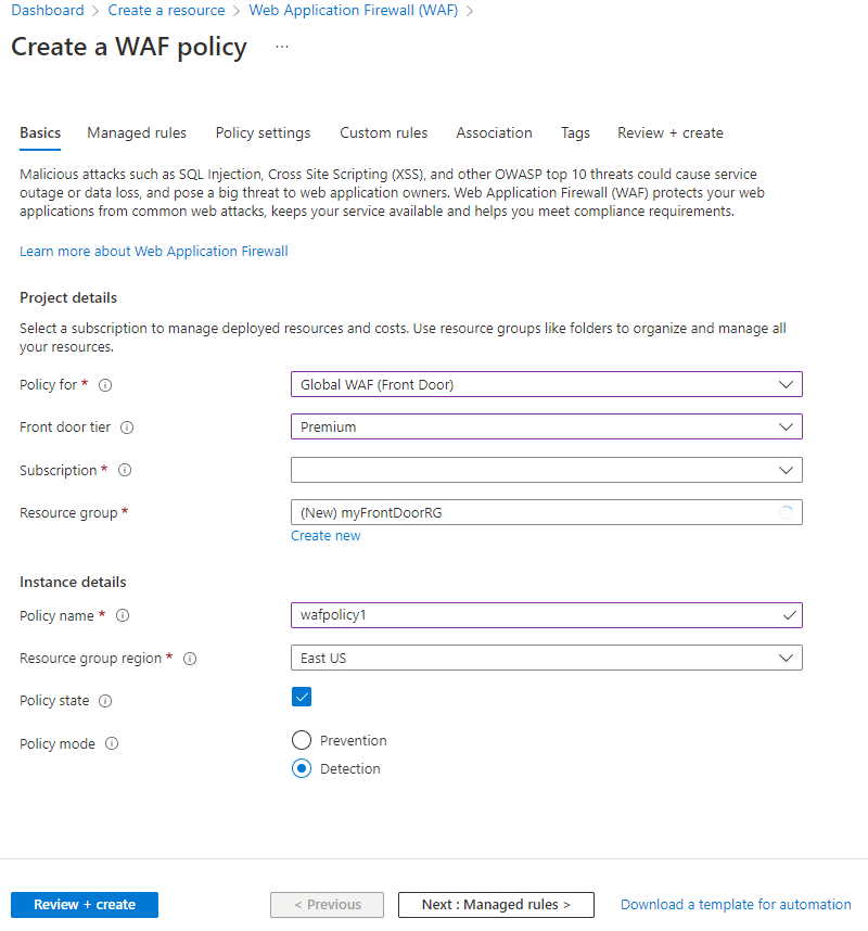 Screenshot that shows the Create a W A F policy page, with the Review + create button and list boxes for the subscription, resource group, and policy name.