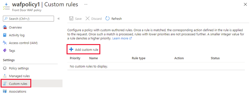 Screenshot that shows the Custom rules page.