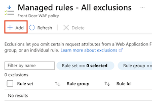 Screenshot of the Azure portal showing the exclusion list, with the Add button highlighted.