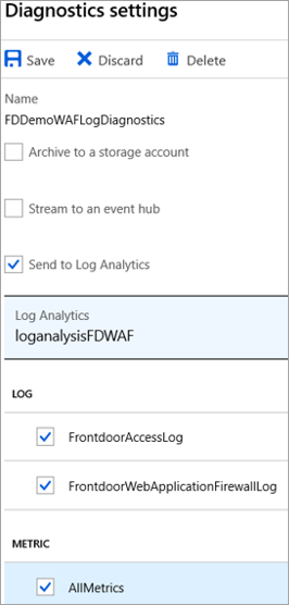 Screenshot of the Azure portal showing how to enable the WAF logs.