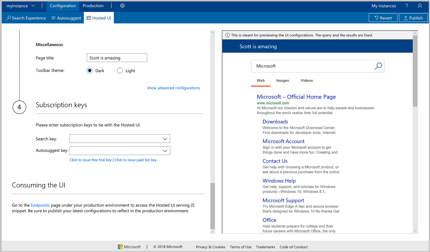 Screenshot of the Hosted UI additional configurations step