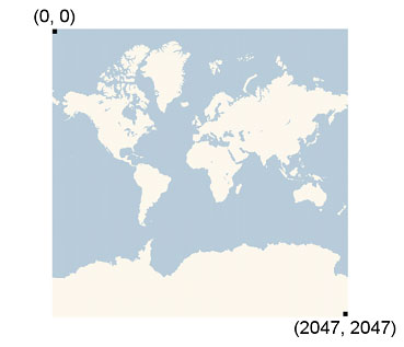 A two-dimensional map of Earth, showing the 0 , 0 and 2047 , 2047 coordinates on opposite corners of the map.