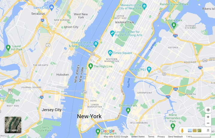 Screen shot of a Google Map centered and zoomed over Manhattan.