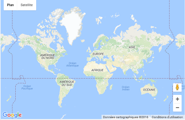 Screen shot of a Google Map showing the world view with all text in French.