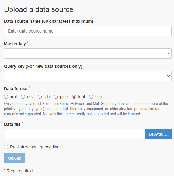 Screen shot of the upload a data source page in Bing Maps.