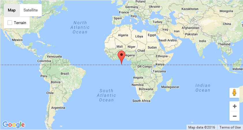 Screen shot of a Google Map showing the world view with a red marker in the center of the map.