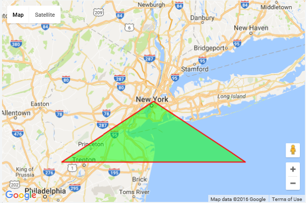 Screen shot of a Google Map showing an example of the polyline that forms a triangle with a lime green fill color.