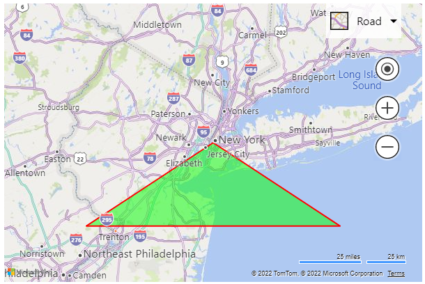 Screen shot of a map in Bing Maps showing an example of the polyline that forms a triangle with a lime green fill color.