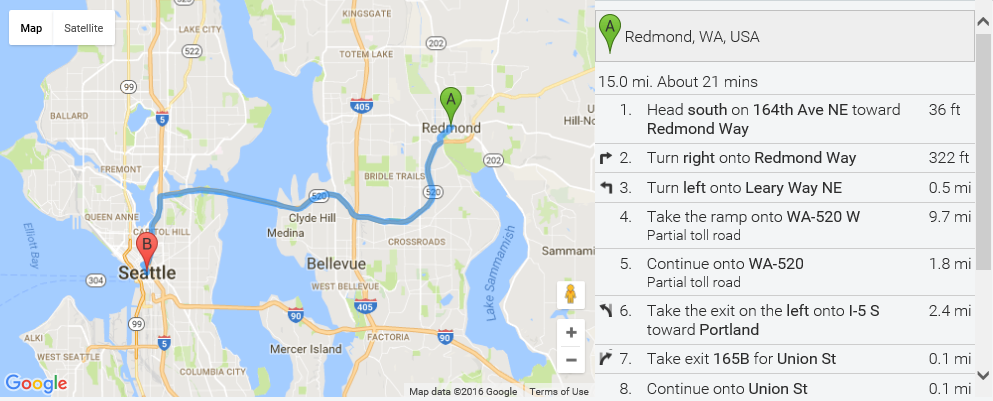 Screen shot of a Google Map showing an example of the direction service with a route marked from point A to point B on one side of the screen and written directions on the right side of the screen.