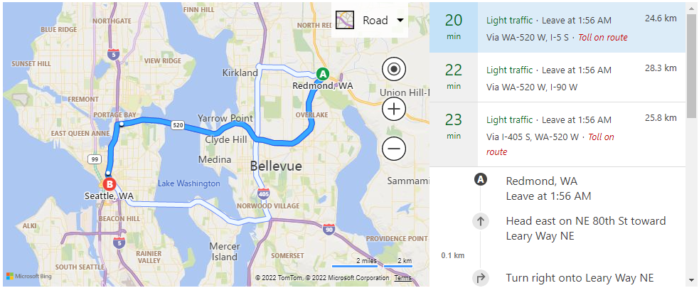 Screen shot of a map in Bing Maps showing an example of the direction service with a route marked from point A to point B on one side of the screen and written directions on the right side of the screen.