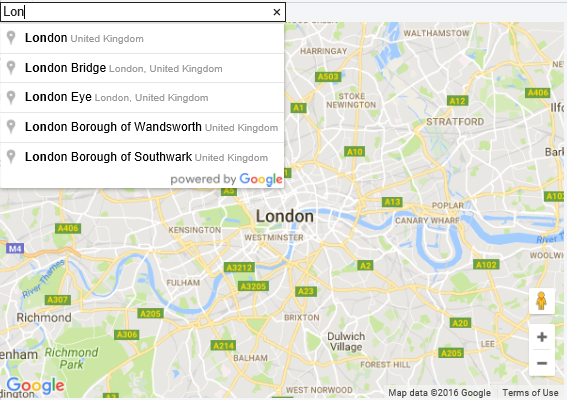 Screen shot of a Google Map showing an example of the Autosuggest feature. The user typed in L O N and the drop down list showed London, London Bridge, London Eye along with other suggestions.
