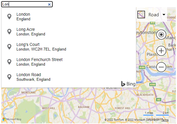Screen shot of a map in Bing Maps showing an example of the autosuggest feature. The user typed in L O N and the drop down list showed London, London Acre, Long's court along with other suggestions.