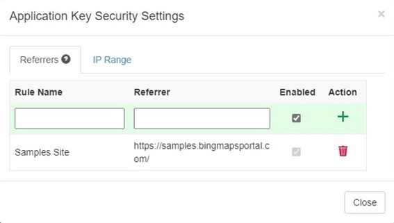 Screen shot showing the Bing Maps application key security settings, with the referrers tab active.