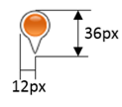 Diagram showing the vertical dimension of a pushpin icon is 36 px and the horizontal dimension is 12 px.