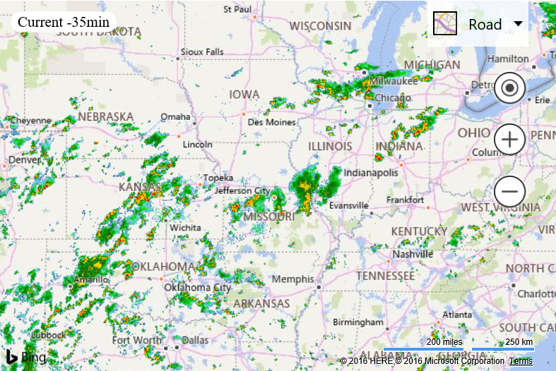 Screenshot of a Bing map showing the weather radar data on top of a map of the United States of America and displaying the current animation time.