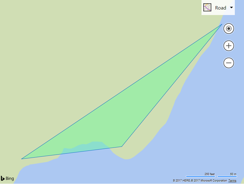 Screenshot of a Bing map showing a triangle overlaid on top of a landmass.