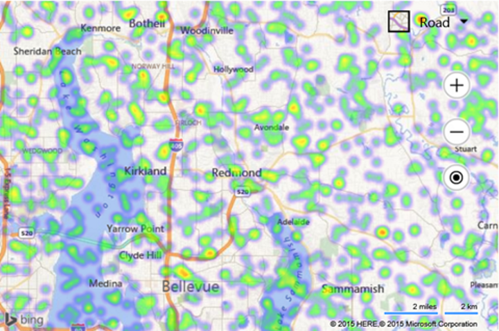 Screenshot of a Bing map that shows the area of Redmond, Washington, with a random heat map overlaid.