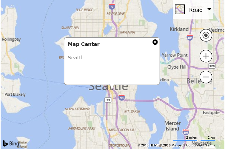 Screenshot of a Bing map that shows an infobox with the title Map Center and the description Seattle.