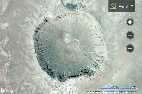 Screenshot of a Bing map showing the Barringer Crater in the center of the map with the zoom level set to 15.