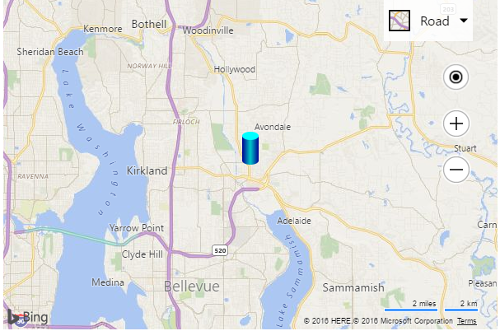 Screenshot of a Bing map showing the custom blue cylinder pushpin is in the center of the map, as defined by the code example.