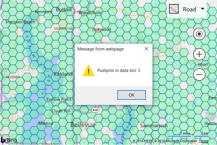 Screenshot of a Bing map with hexagon bin polygons on the map and an infobox for one hexagon showing there are three pushpins in the data bin.