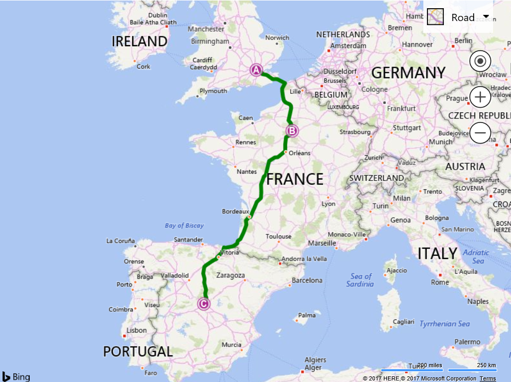 Screenshot of a Bing map showing a route from London, UK to Madrid, Spain with a stop in Paris, France.