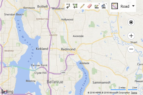 Screenshot of a Bing map that shows the Redmond, Washington area and the drawing toolbar.