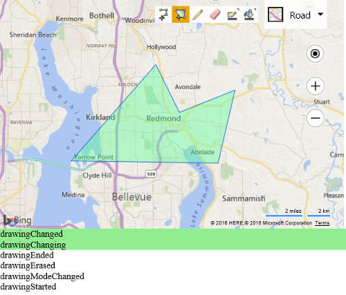 Screenshot of a Bing map showing a polygon shape overlaid on top of Redmond, Washington, and a list of events below the map.