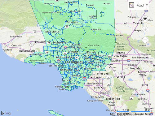 Screenshot of a Bing map showing polygon shapes overlaid on top of the neighborhood boundaries of Los Angeles.