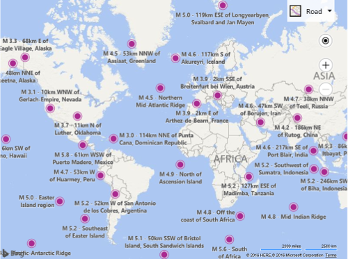 Screenshot of a Bing map showing a zoomed-out view of the world with pushpins on top of earthquake sites.