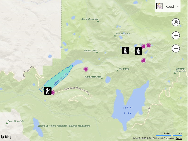Screenshot of a Bing Map that shows a polygon shape on top of the Coldwater Lake and hiking trail icons on the map.