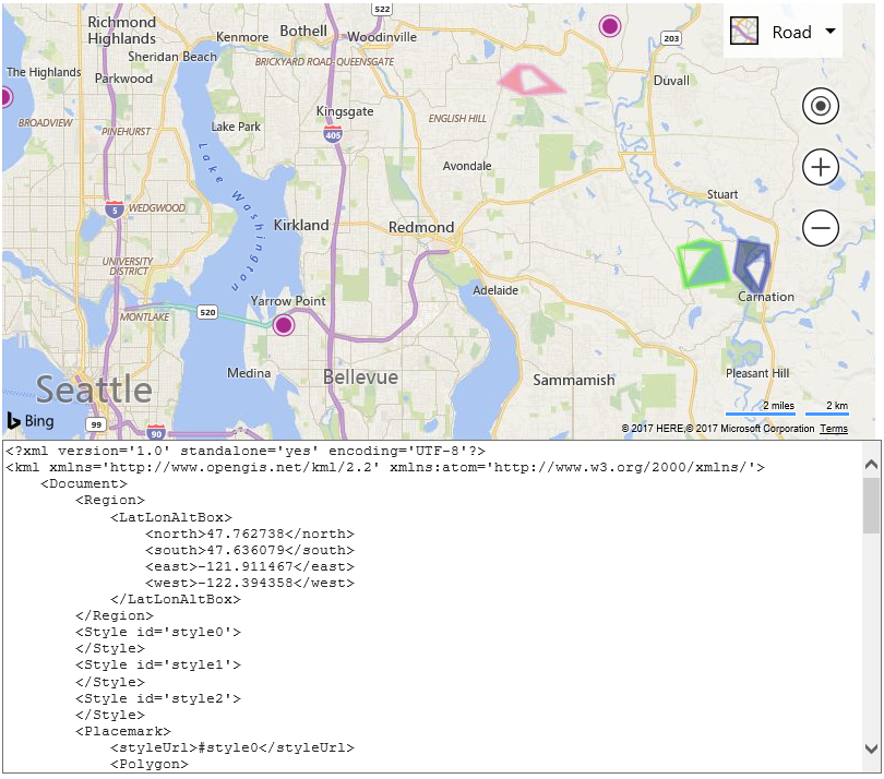 Screenshot of a Bing map that shows polygons and pushpins in addition to a text field below the map with KML markup.