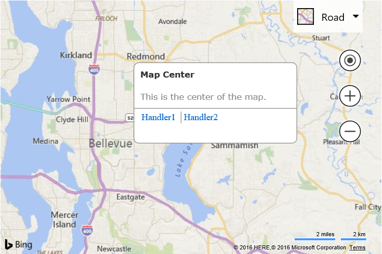 Screenshot of a Bing map showing an infobox showing a description and two link buttons.