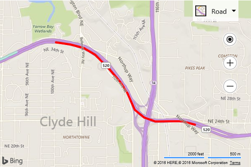 Screenshot of a Bing map showing a red polyline that represents a section of the 520 Highway in Bellevue, Washington.
