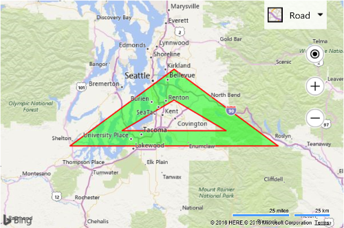 Screenshot of a Bing map with a green triangle highlighted in red over the center of the map, with a second triangle inside of the green triangle.