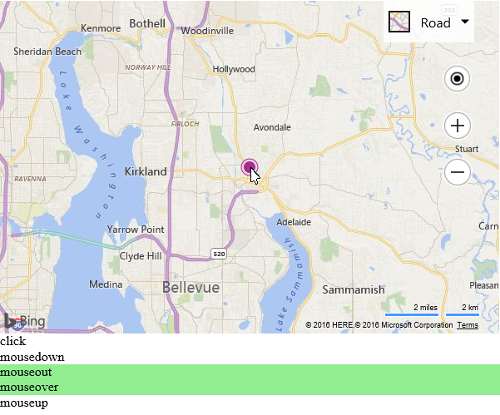 Screenshot of a Bing map that shows a purple circle pushpin with a hovering mouse arrow and a list of fired events below.