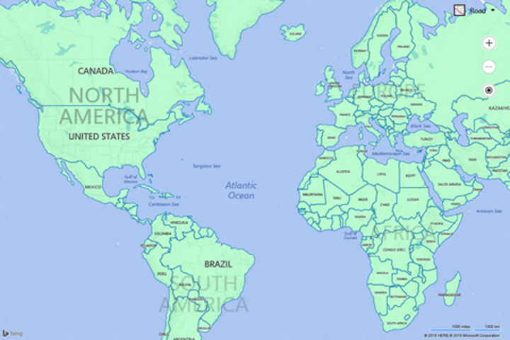 Screenshot of a Bing map showing North America, South America, Europe, and Africa with all countries overlaid by polygon shapes.