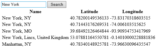 Screenshot of the Bing Maps REST Location API search results showing the latitude and longitude for several places named New York.