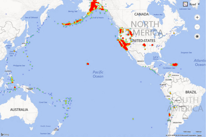 Screenshot of a Bing Map showing the Pacific Ocean with the earthquake data loaded as a heat map over it.