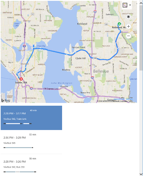 Screenshot o a Bing map showing a route from Redmond, Washington to Seattle, Washington, with transit directions listed below the map.