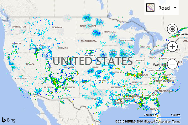 Screenshot of a Bing map that shows weather radar data over the physical map of the United States of America.