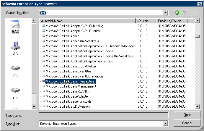 Screenshot of the Extension Configuration Element Editor dialog box showing BAMEndPointBehaviorExtension entered for the Configuration Name property.