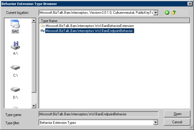 Screenshot of the Behavior Extension Type Browser dialog box showing Microsoft.BizTalk.Bam.Interceptors selected in the list of global assembly cache (GAC) DLLs.