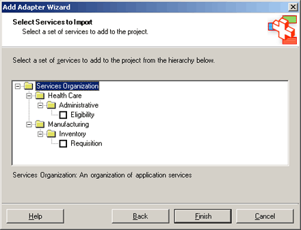 Image that shows the Select Services to Import page in the Add Adapter Metadata Wizard.